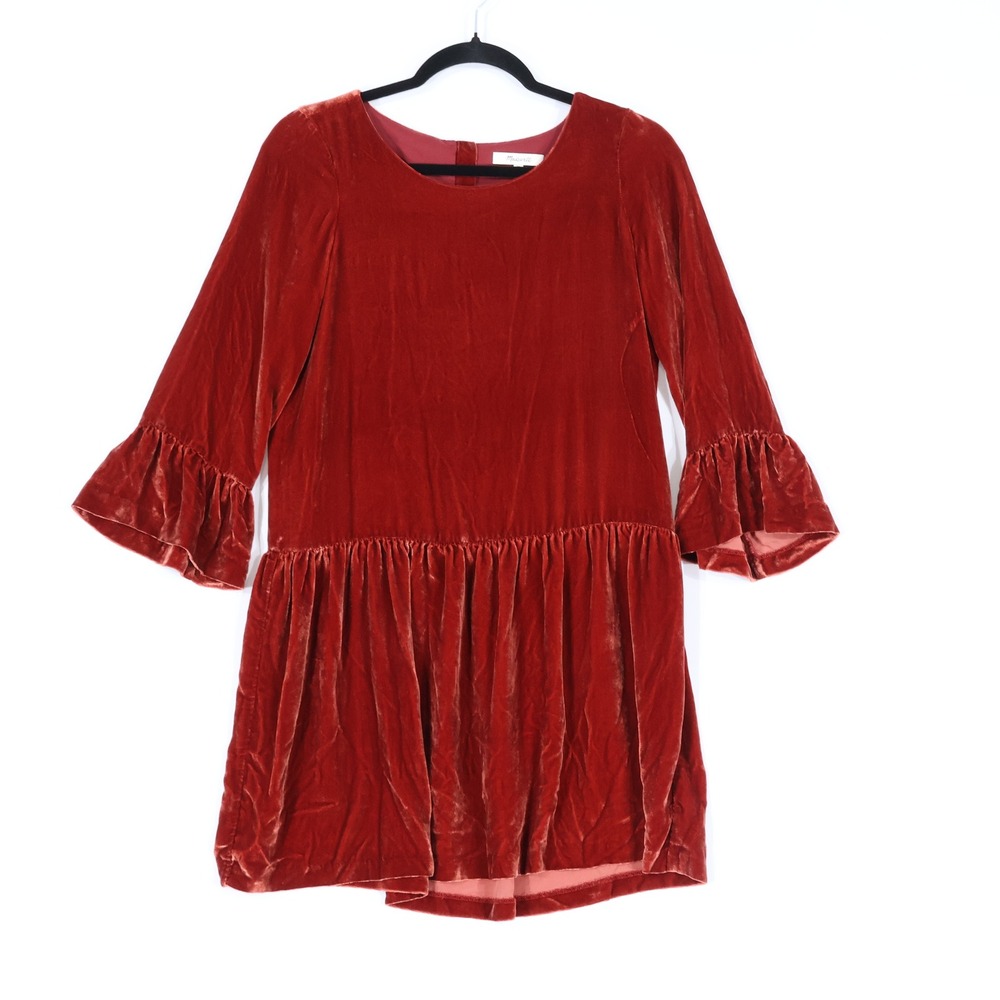 Madewell Velvet Drop Waist Dress Women XS Rust Silk Blend Ruffle Bell Sleeve